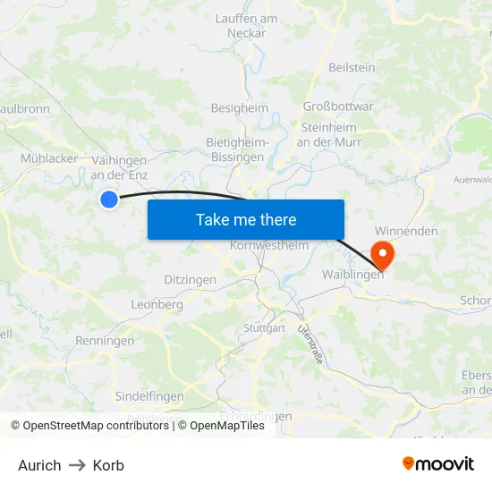 Aurich to Korb map