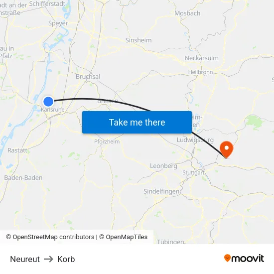 Neureut to Korb map