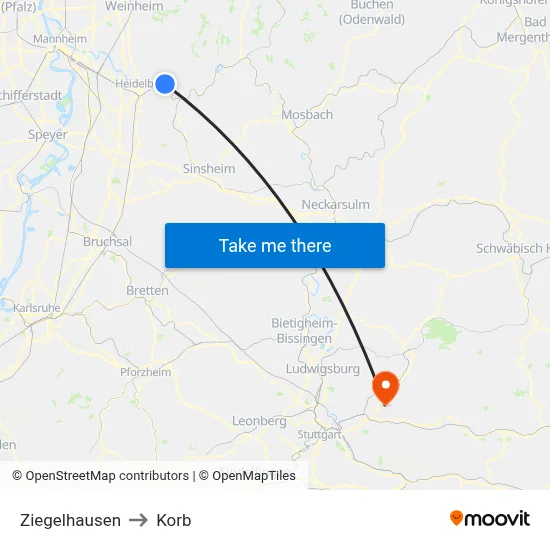Ziegelhausen to Korb map