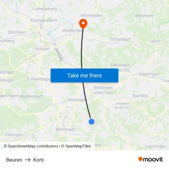 Beuren to Korb map