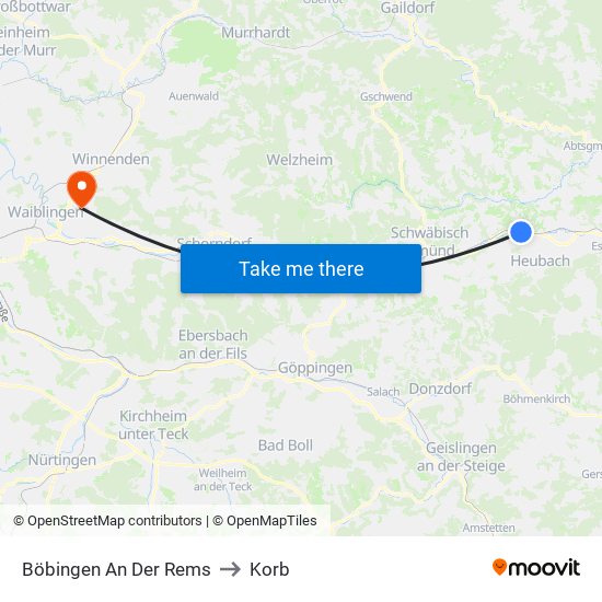 Böbingen An Der Rems to Korb map