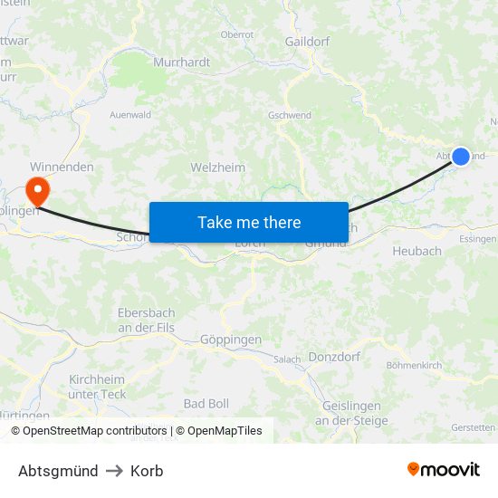Abtsgmünd to Korb map