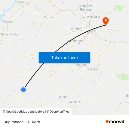 Alpirsbach to Korb map