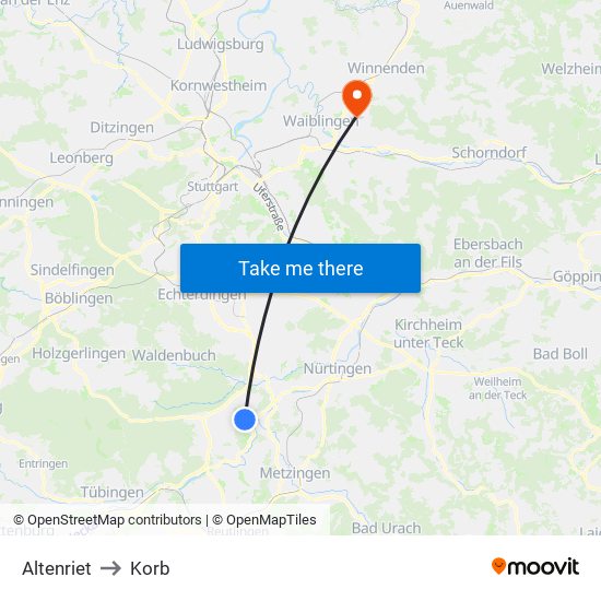 Altenriet to Korb map