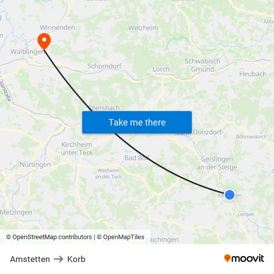 Amstetten to Korb map