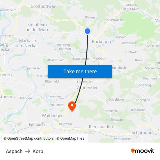 Aspach to Korb map