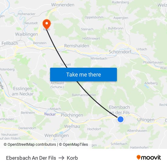 Ebersbach An Der Fils to Korb map