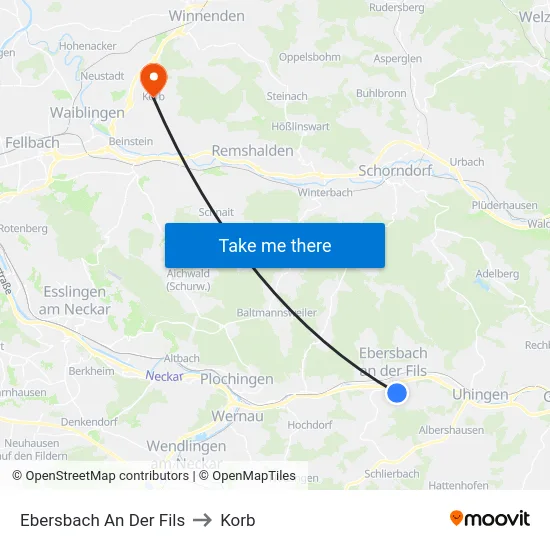 Ebersbach An Der Fils to Korb map