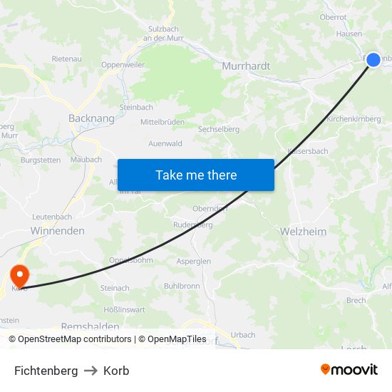 Fichtenberg to Korb map