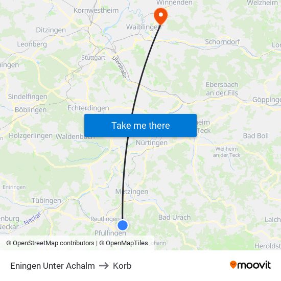 Eningen Unter Achalm to Korb map