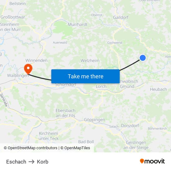 Eschach to Korb map
