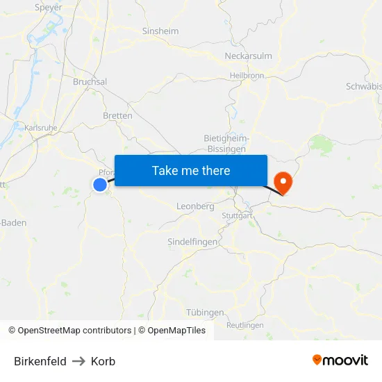 Birkenfeld to Korb map