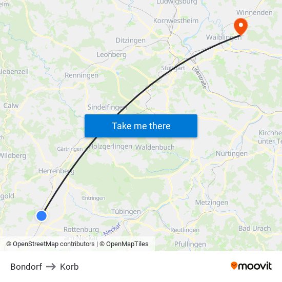Bondorf to Korb map