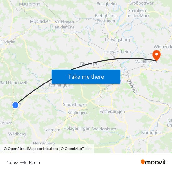 Calw to Korb map