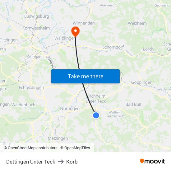 Dettingen Unter Teck to Korb map
