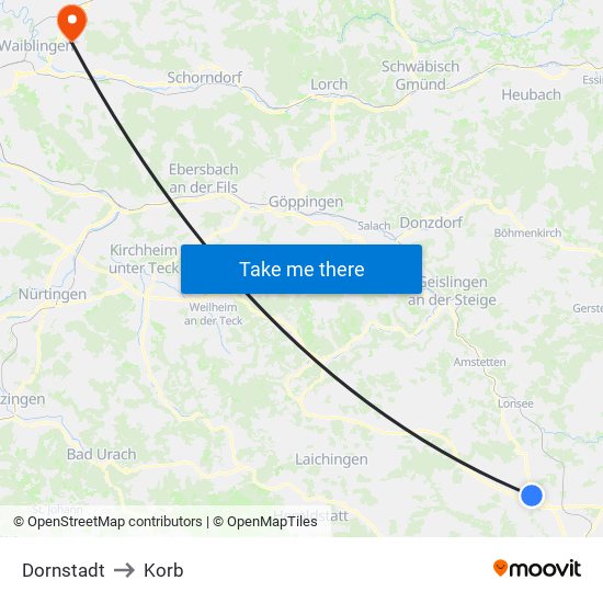 Dornstadt to Korb map