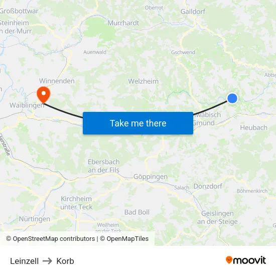 Leinzell to Korb map