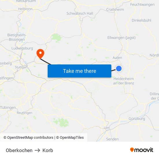 Oberkochen to Korb map