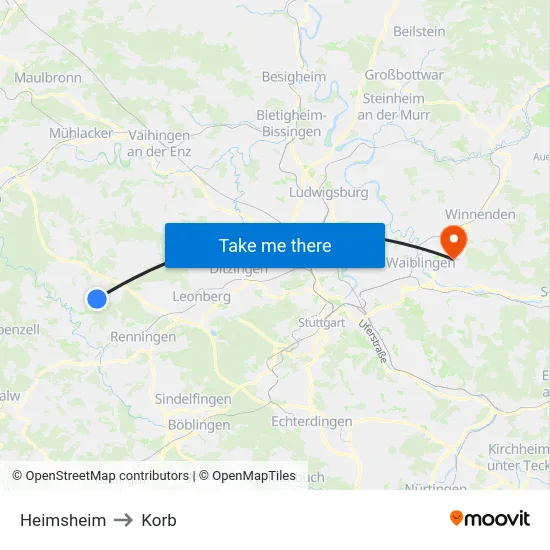 Heimsheim to Korb map