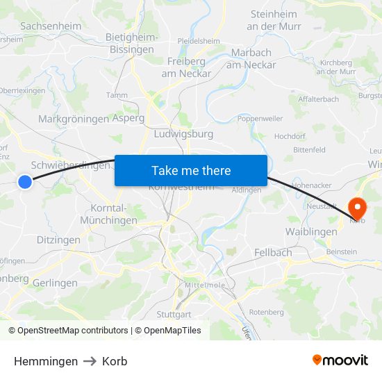 Hemmingen to Korb map