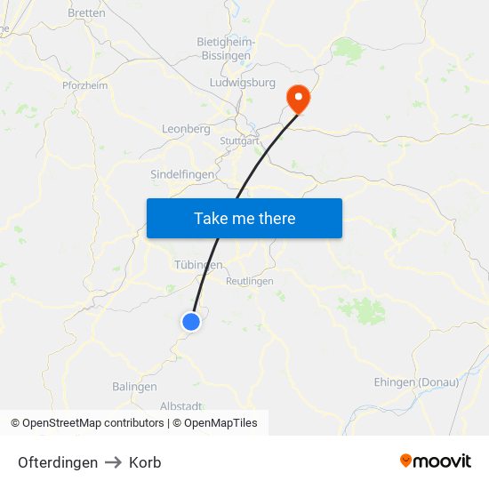 Ofterdingen to Korb map