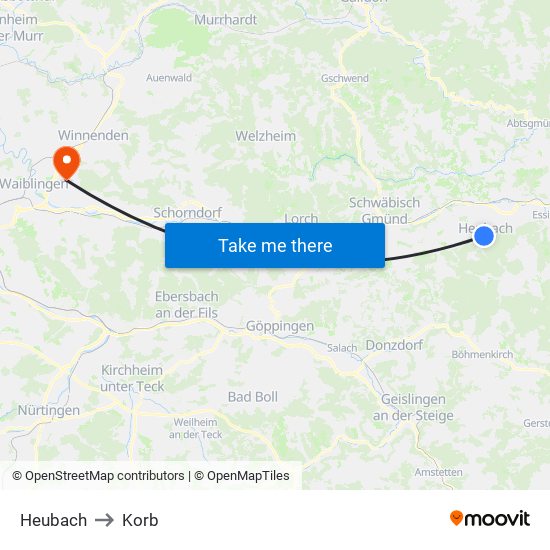 Heubach to Korb map