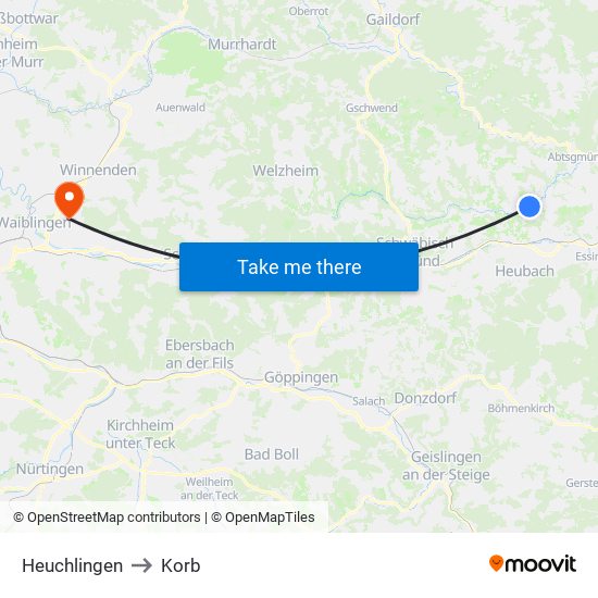 Heuchlingen to Korb map