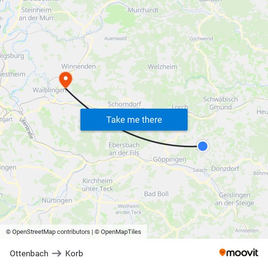 Ottenbach to Korb map