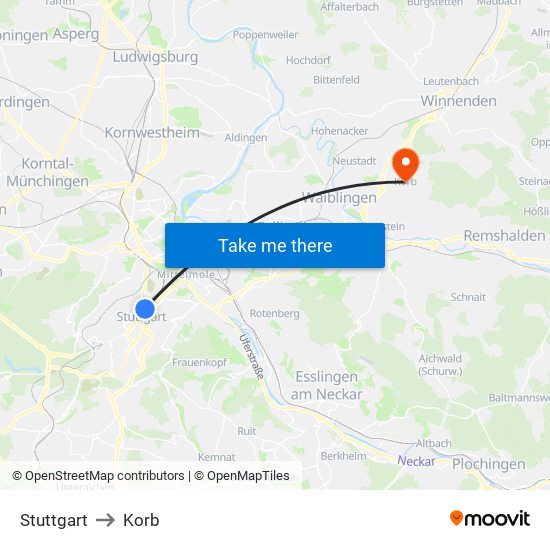 Stuttgart to Korb map