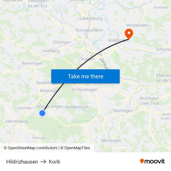 Hildrizhausen to Korb map