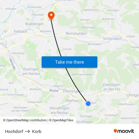 Hochdorf to Korb map