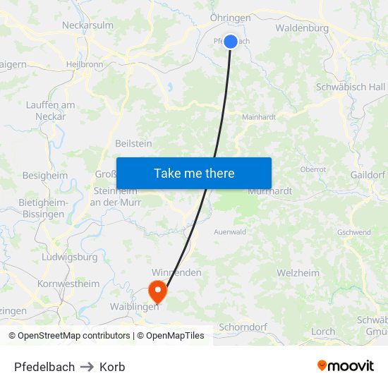 Pfedelbach to Korb map