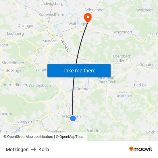 Metzingen to Korb map