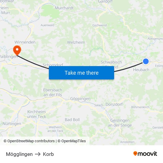 Mögglingen to Korb map