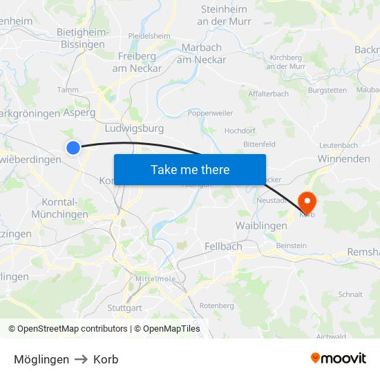 Möglingen to Korb map