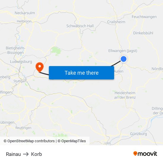 Rainau to Korb map