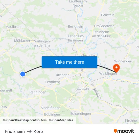 Friolzheim to Korb map