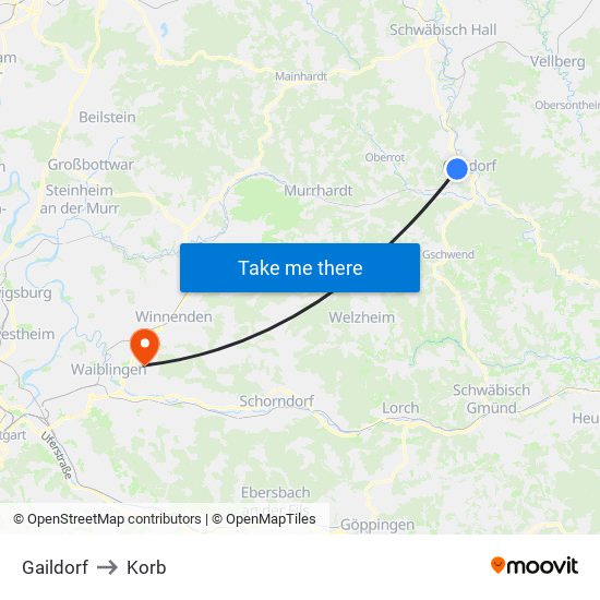 Gaildorf to Korb map