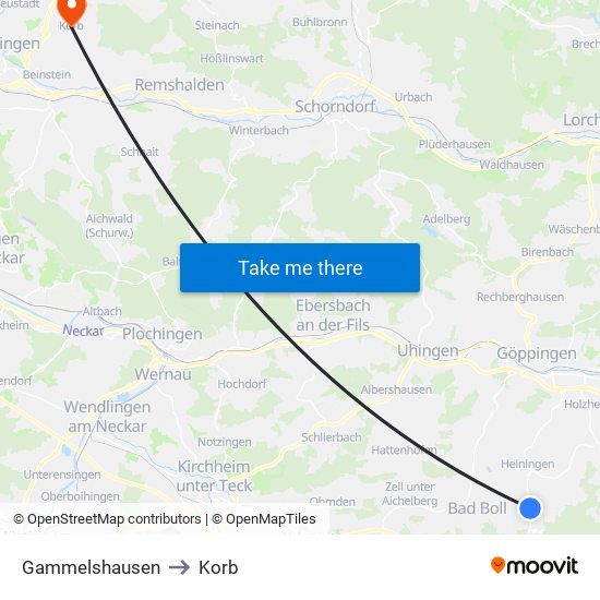 Gammelshausen to Korb map