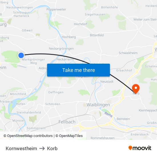 Kornwestheim to Korb map