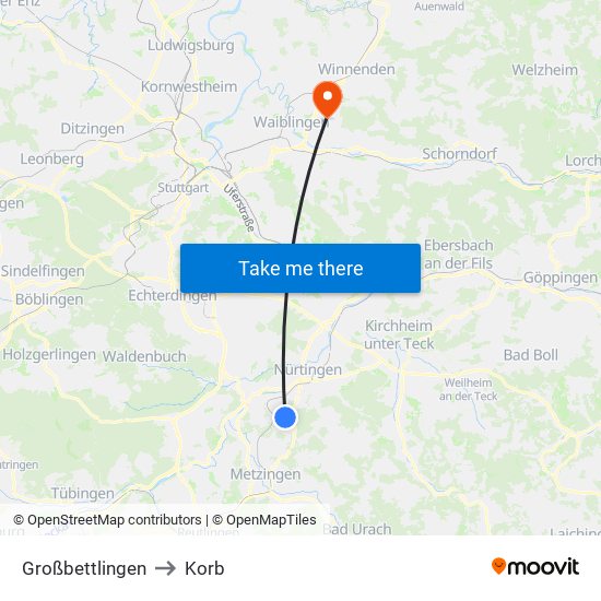 Großbettlingen to Korb map