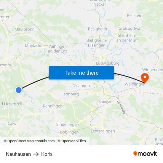 Neuhausen to Korb map
