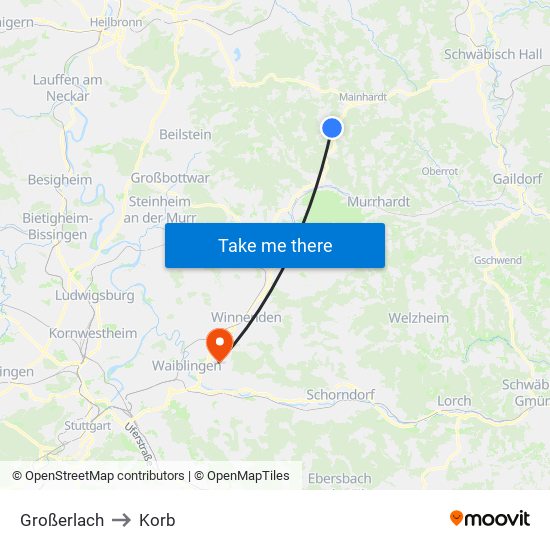 Großerlach to Korb map