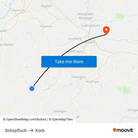 Schopfloch to Korb map