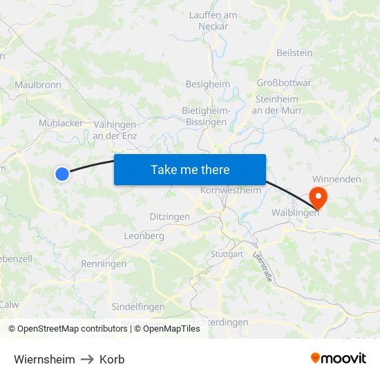 Wiernsheim to Korb map