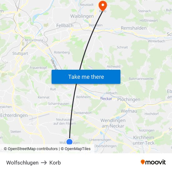 Wolfschlugen to Korb map