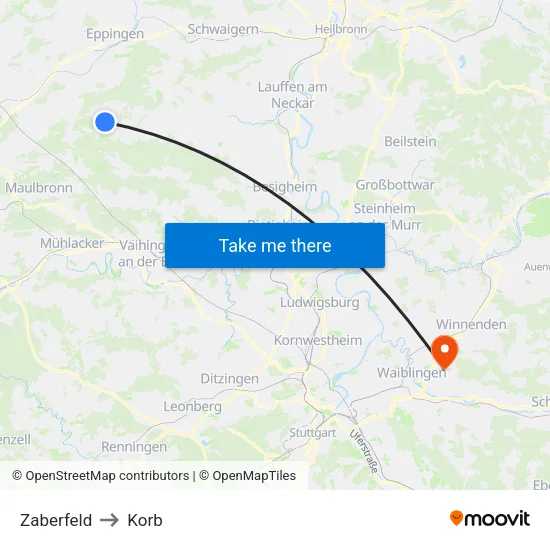 Zaberfeld to Korb map