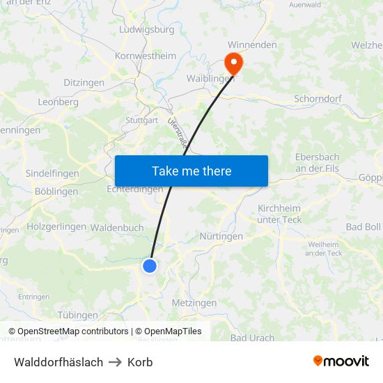 Walddorfhäslach to Korb map