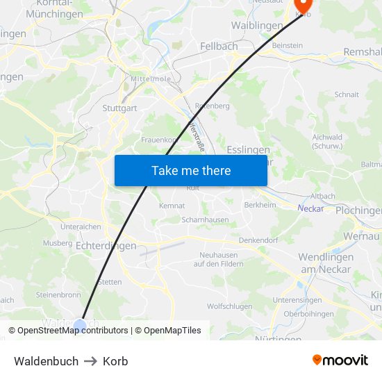 Waldenbuch to Korb map