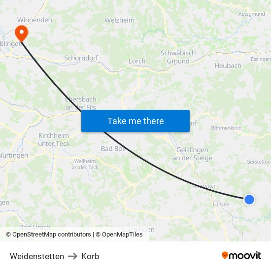 Weidenstetten to Korb map